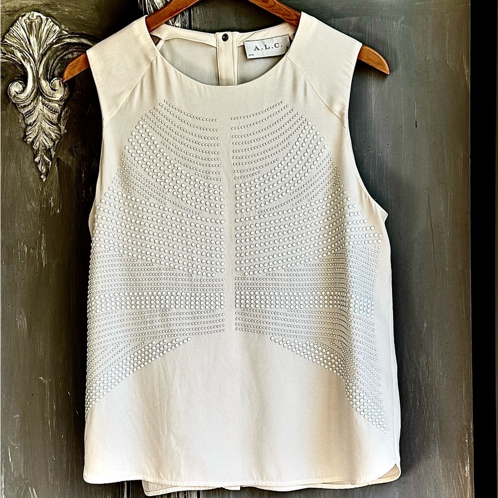 A.L.C. Silk Studded Sleeveless Blouse Ivory Top Minimalist Chic Medium